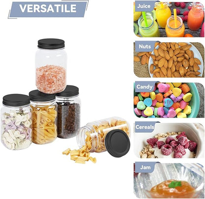 novelinks 16 oz Clear Plastic Jars with Lids, Refillable 16oz Mason Jars with Lids & Storage Containers for Kitchen & Household Use (24 Pack,Black)