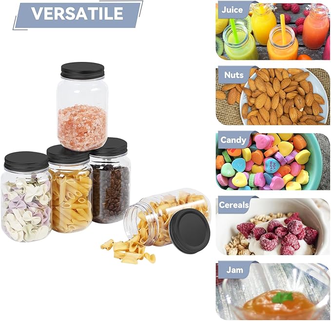 novelinks 16 oz Clear Plastic Jars with Lids, Refillable 16oz Mason Jars with Lids & Storage Containers for Kitchen & Household Use (10 Pack,Black)