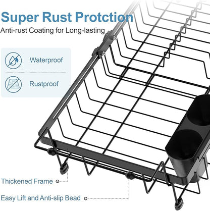 iSPECLE Expandable Dish Drying Rack for Large Sink - Adjustable Capacity Over The Sink Dish Drainer Drying Rack, 15.8"-20.7" L x 12.8" W, Black