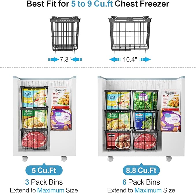 iSPECLE Freezer Organizer Bins - 3 Pack Adjustable Wider & Deeper Chest Freezer Organizer Bins for 5 to 9 Cu Ft, Extra Large & Easy Organize Basket Store More, Stackable No Wasted Space, Black