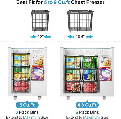 iSPECLE Freezer Organizer Bins - 3 Pack Adjustable Wider & Deeper Chest Freezer Organizer Bins for 5 to 9 Cu Ft, Extra Large & Easy Organize Basket Store More, Stackable No Wasted Space, Black