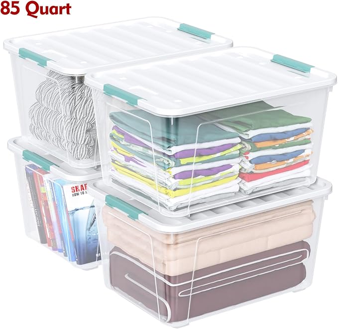 Melontray 85 Quart Large Plastic Storage Bins, 4-Pack Clear Plastic Storage Box with Wheels