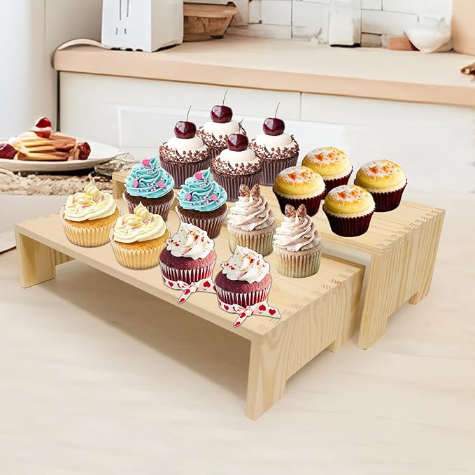 4Pcs Large Display Riser Wood Risers Cupcake Display Stand 2 Tier Racks Rectangular, 2 Set Perfume Decorative Display Dessert Stands for Vendors Event (Large/2Pack Nature)