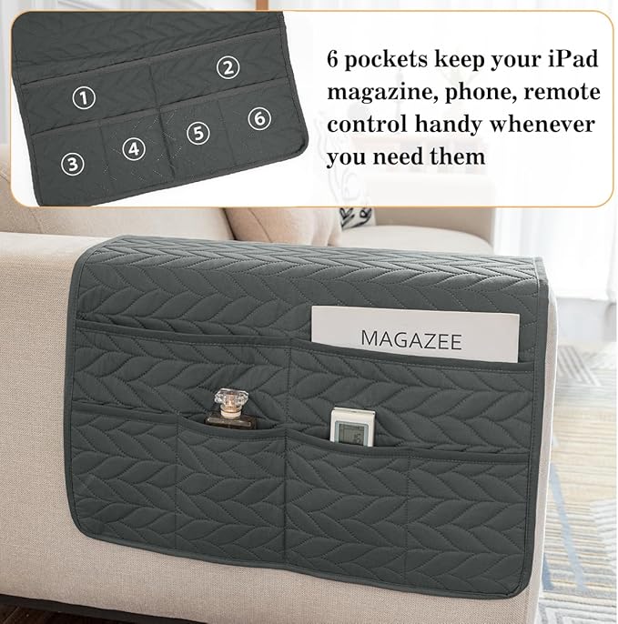 HADEEONG Sofa Armrest Organizer Arm Chair Caddy for Recliner, Remote Control Holder for Recliner, Non-Slip Armchair Caddy with 6 Pockets Storage for Magazine, Tablet, Phone, Dark Grey