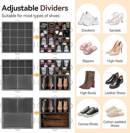 Lewondr Shoe Organizer for Closet, Foldable Shoe Storage Box with Adjustable Dividers and Clear Cover, Space Saving Shoes Holder with 4 Handles, Fits up to 32 Pairs, Beige+Gray