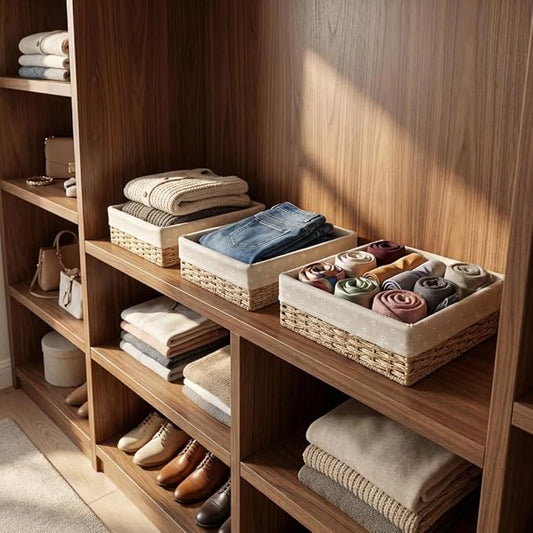 CT SUN Woven Storage Baskets for Shelves, 3-Piece Shallow Paper Rope Bins with 2 Sets of Liners (Cream & Daisy Print), Wicker Style Trays for Pantry, Bathroom, Kitchen Counter, Bread & Nursery