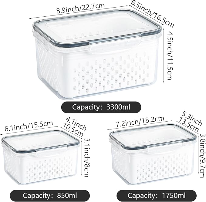 Lizbin 3 PCS Fruit Storage Containers for Fridge with Removable Colander, Leak proof Food Storage Containers, Airtight Food Storage Containers, Food Storage Container with Lids, Keep Food Meat Fresh
