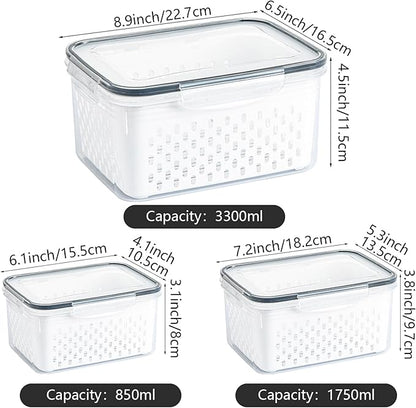 Lizbin 3 PCS Fruit Storage Containers for Fridge with Removable Colander, Leak proof Food Storage Containers, Airtight Food Storage Containers, Food Storage Container with Lids, Keep Food Meat Fresh