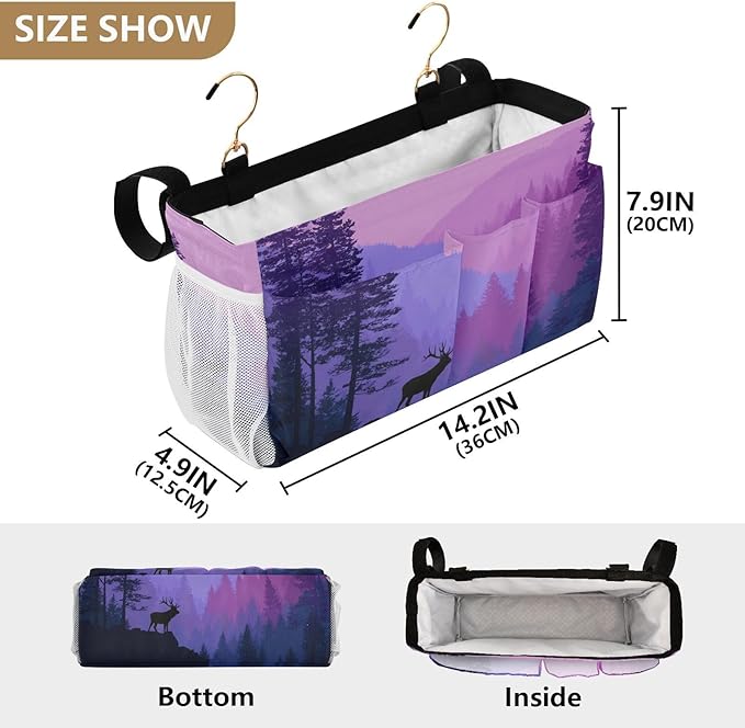 CuwrYet Bedside Caddy Hanging Bunk Bed Caddy Bed Organizer Hanging Pocket with 2 Hooks Bedside Storage Organizer Pocket Bag Holder Purple Stag Mountains and Forest