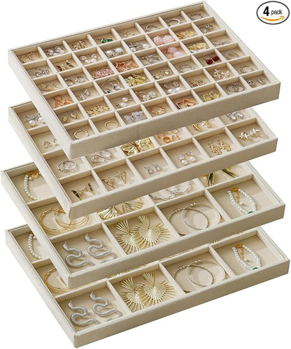 KATISYIO Large Jewelry Drawer Organizer Trays Set of 4, Stackable Velvet Jewelry Trays Organizer Holder Display Storage Showcase for Earring Necklace Bracelet Ring Accessary (Beige, 12+12+24+48 Grids)