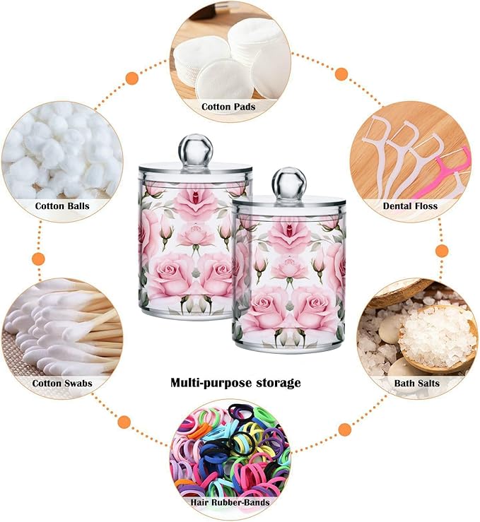 MNSRUU 2 Pack Qtip Holder Organizer Dispenser Pink Roses Pink Bathroom Storage Canister Cotton Ball Holder Bathroom Containers for Cotton Swabs/Pads/Floss