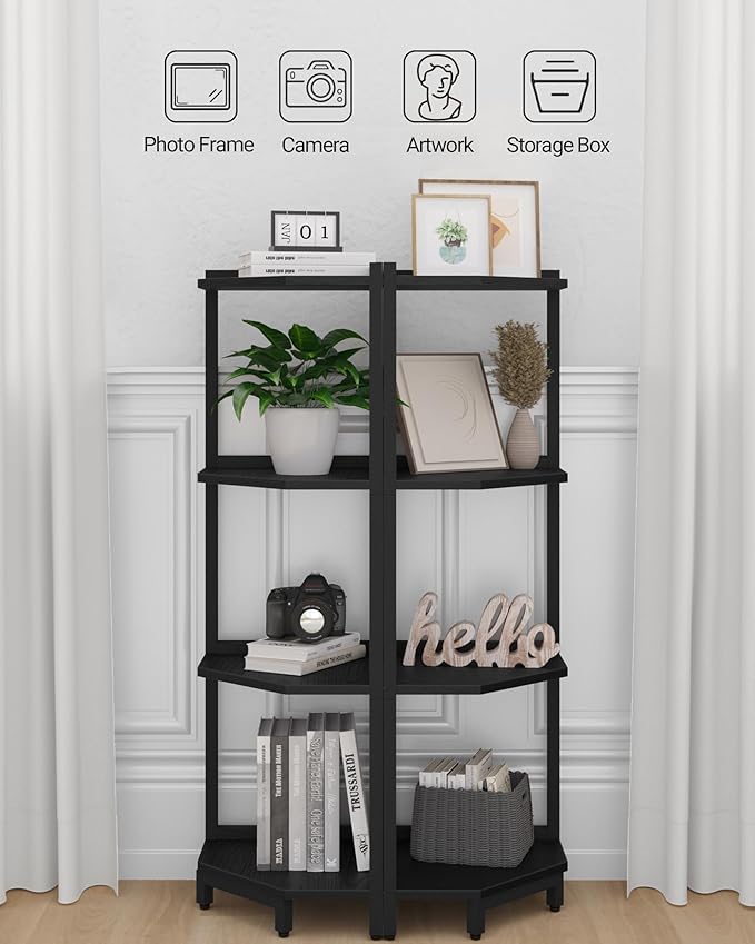 Corner Shelf Stand, Corner Bookshelf, Storage Standing Shelf Unit with Metal Frame, Plant Stand, Corner Bookcase for Living Room, Home Office, Bedroom, 4-Tier Black CS05806B