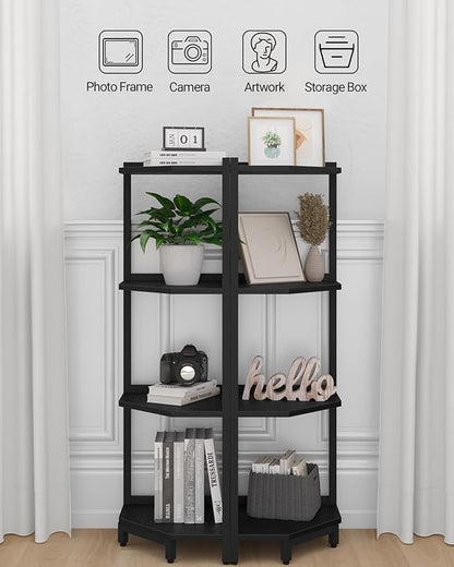 Corner Shelf Stand, Corner Bookshelf, Storage Standing Shelf Unit with Metal Frame, Plant Stand, Corner Bookcase for Living Room, Home Office, Bedroom, 4-Tier Black CS05806B