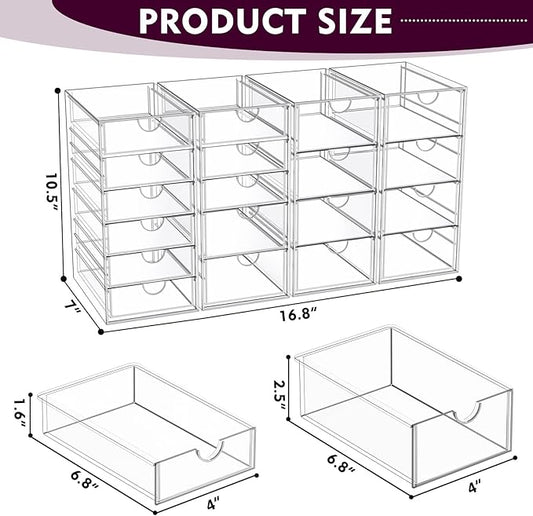 YFXCVSL Acrylic Makeup Organizer with 19 Drawers, 4 Pack Clear Storage Drawers, Bathroom Makeup Organizer for Palettes, Cosmetic, and Beauty Supplies,Ideal for Vanity, Cabinet,Desk Organization