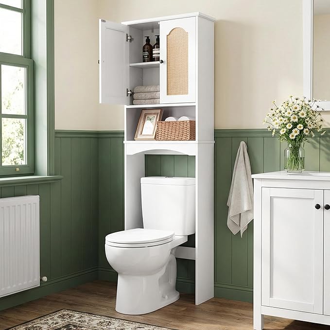 OONNEE Over The Toilet Storage Cabinet, Above Toilet Organizer with 2 Rattan Doors, Modern White Finish, 24x70 inch Space Saving Freestanding Bathroom Cabinet
