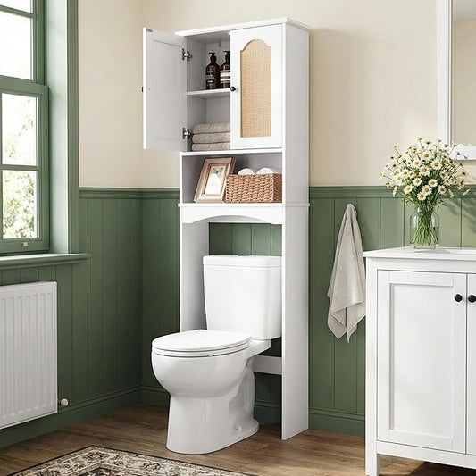 OONNEE Over The Toilet Storage Cabinet, Above Toilet Organizer with 2 Rattan Doors, Modern White Finish, 24x70 inch Space Saving Freestanding Bathroom Cabinet