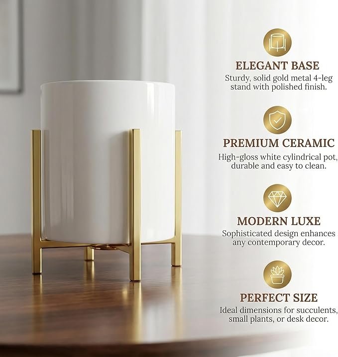 4.72" Gold Pen Holder Aesthetic Pencil Holder for Desk, Gold Desk Organizers and Accessories for Women Girls, Ceramic Pen Holder for Office