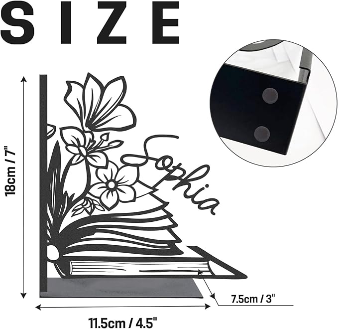 Personalized Flower Book Ends for Shelves 2 Pcs, Custom Name Metal Book Holders, Unique Bookends for Heavy Books, Non-Slip Book Stopper, Home Office Desk Bookshelf Decor, Customized Gifts