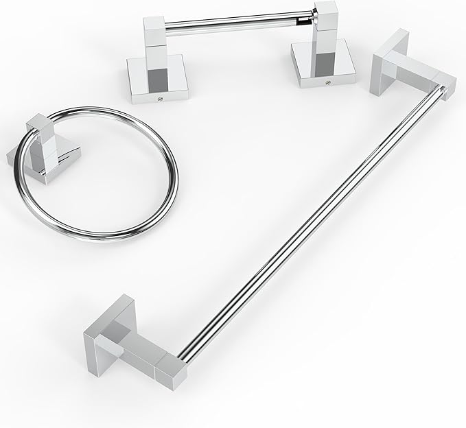 RUACQ 3 Pieces Bathroom Hardware Set, SUS 304 Stainless Steel Toilet Paper Holder, Towel Ring, 18-inch Towel Bar Set, Wall Mounted, Heavy Duty(Chrome)