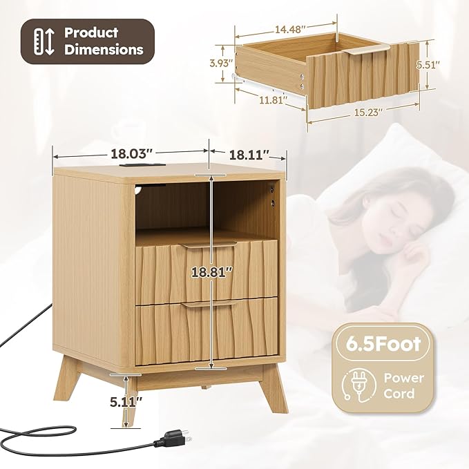 HOTAMO Nightstand Set of 2 with Charging Station,Night Stand with 2 Wave-Patterned Panel Drawer and Open Shelf,Modern Bedside Table for Bedroom,Living Room,Oak End Table