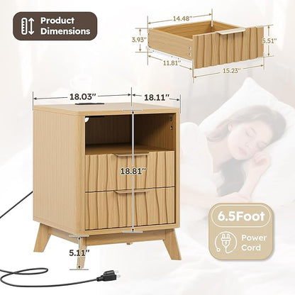 HOTAMO Nightstand Set of 2 with Charging Station,Night Stand with 2 Wave-Patterned Panel Drawer and Open Shelf,Modern Bedside Table for Bedroom,Living Room,Oak End Table