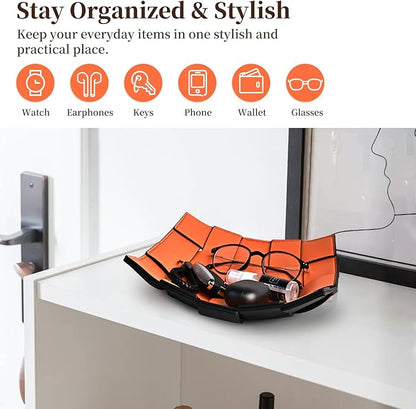 MSJGA Valet Tray PU Leather Key Holder Bowl for Women and Men Entryway Table Nightstand Desk Tray for Wallet, Keys Men's Gift - Orange & Black, 9.8" L x 9.8" W x 2" H