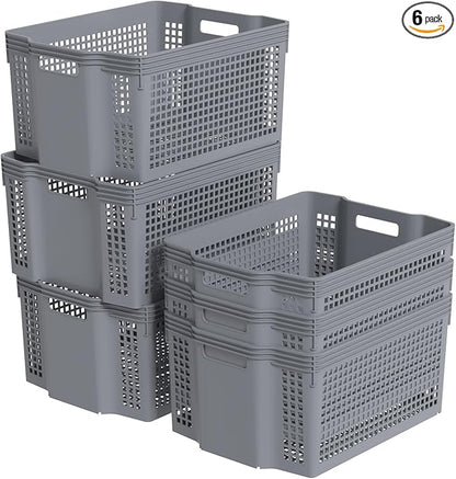 6 Packs Stackable Storage Baskets, Rectangle Stacking Baskets, Plastic Storage Baskets for Shelves, Grey