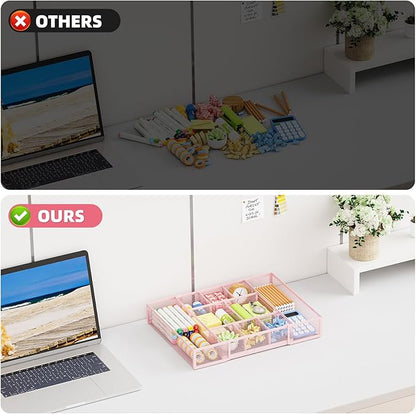Marbrasse Expandable Desk Drawer Organizer, Mesh Tray with 10 Adjustable Compartments, Desk Organizers for Office Supplies, Makeup & Vanity (Expandable-Pink)