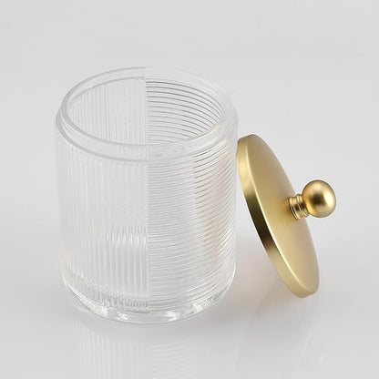 Indecor Home Clear Transparent Apothecary Ribbed Geometric Etched Glass Jar W/Gold Lid Cover for Bathroom Organization, Cotton Balls, Q Tips, and Small Accessories, Bathroom Storage