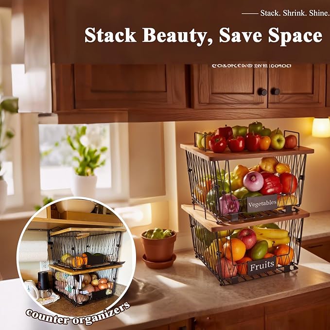 2 Pack Stackable Wire Storage Baskets with Wood Lid- Kitchen Countertop Organizer for Fruit Vegetable -Large Metal Bin for Pantry Organization and Storage, Black