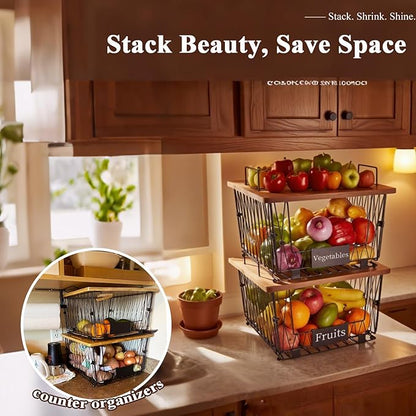 2 Pack Stackable Wire Storage Baskets with Wood Lid- Kitchen Countertop Organizer for Fruit Vegetable -Large Metal Bin for Pantry Organization and Storage, Black