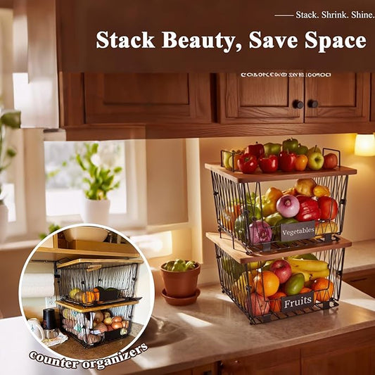 2 Pack Stackable Wire Storage Baskets with Wood Lid- Kitchen Countertop Organizer for Fruit Vegetable -Large Metal Bin for Pantry Organization and Storage, Black