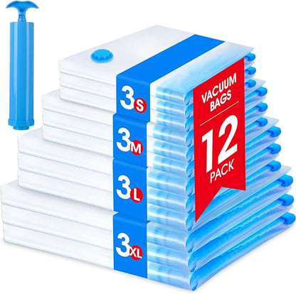 AROIC 12 Pack Vacuum Storage Bags Set - Space Saver Vacuum Bags for Clothing, Blankets, Seasonal Storage with Electric Pump, Vacuum Sealer Bags for Luggage, Travel Essentials, Bedding