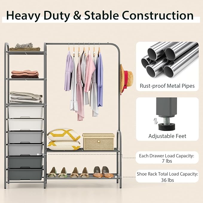 Tangkula Heavy Duty Clothes Rack with 6 Removable Drawers, 3-Tier Open Shelves & 2-Tier Metal Shoe Rack, Side Hook, Garment Rack with Adjustable Feet, Freestanding Closet Organizer for Closet, Bedroom