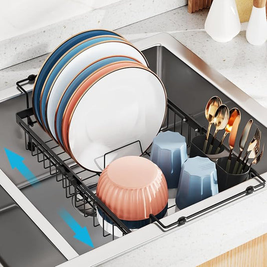 iSPECLE Expandable in Sink Dish Drying Rack - Adjustable Capacity Over The Sink Dish Drainer Drying Rack with Utensil Holder for Kitchen, 12.4"-17.1" L x 12.8" W, Black