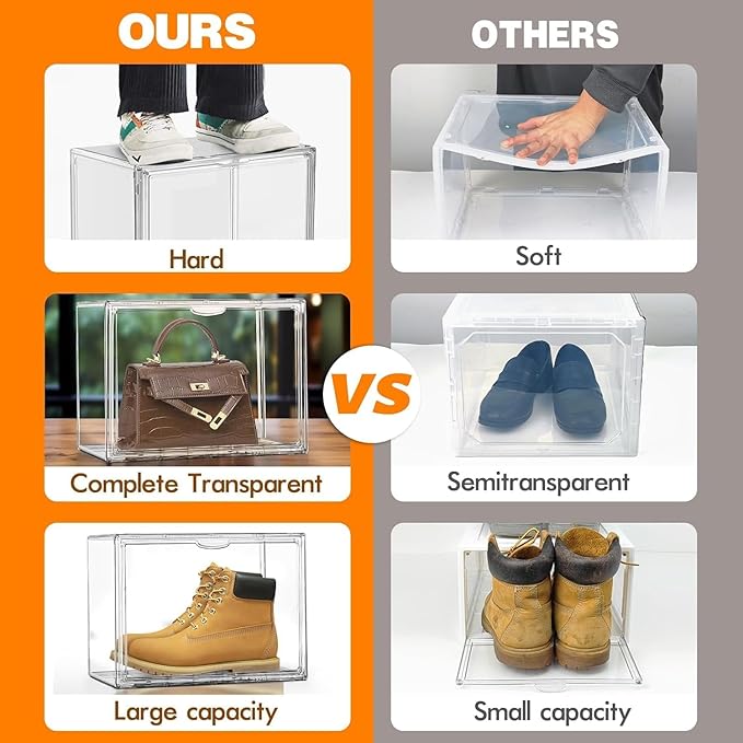 DAYOOH 5 Pack X-Large Acrylic Shoe Box Size 14, Clear Sneaker Shoe Display Case Transparent Stackable Storage Box Purse Handbag Organizer, Figure Collectibles Showcase, Fit Underbed, Closet, Bathroom