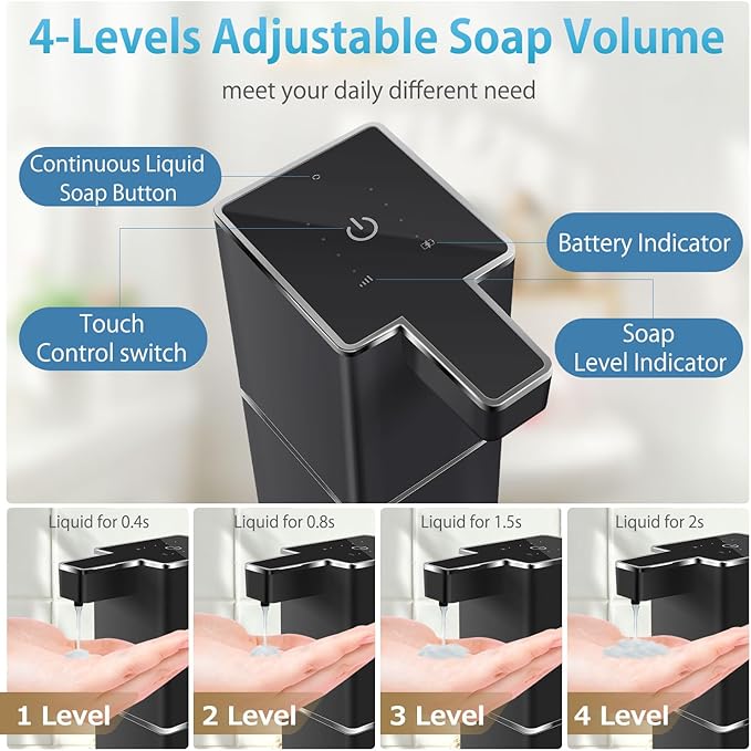 JEMISUN Automatic Liquid Soap Dispenser Touchless Soap Dispenser 380ml/12.8oz Rechargeable, Wall Mounted,4 Levels Adjustable Auto Soap Pump for Bathroom Kitchen Dish Soap