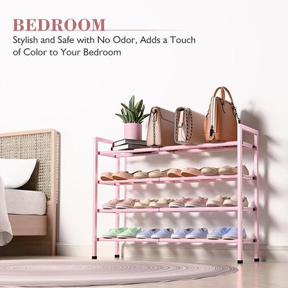 Bumusty 4-Tier Expandable Shoe Rack for Closet, 18“-33” Adjustable Shoe Rack for Small Space, Small Shoe Organizer for Front Door, Sturdy Metal, Pink