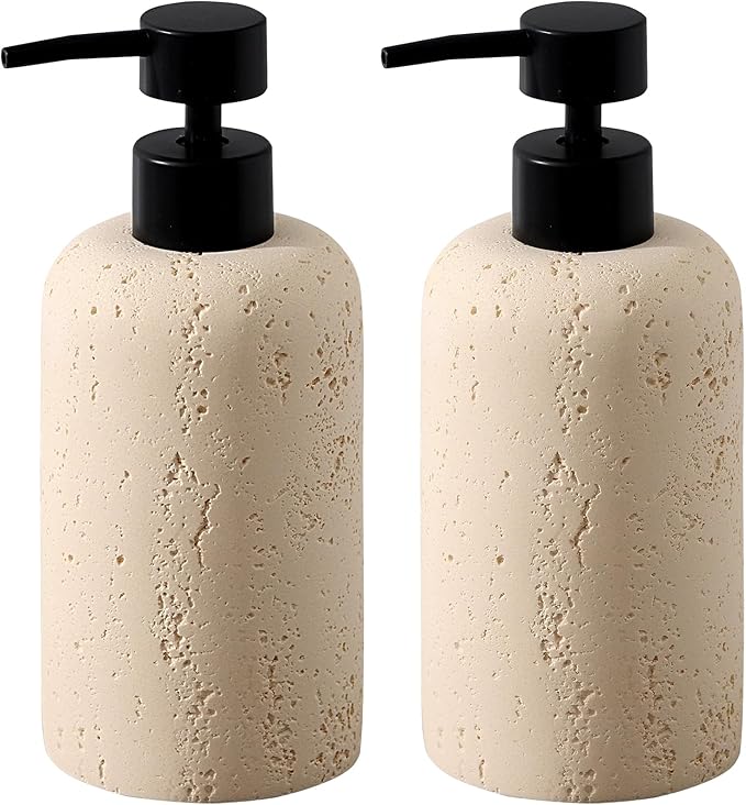 Haocoott Soap Dispensers 340ML 11OZ, 2PCS Luxurious Hand Dish Shampoo Lotion Soap Dispenser Jar, Travertine Soap Pump Bottles for Kitchen Bathroom Countertop (Faint Yellow)