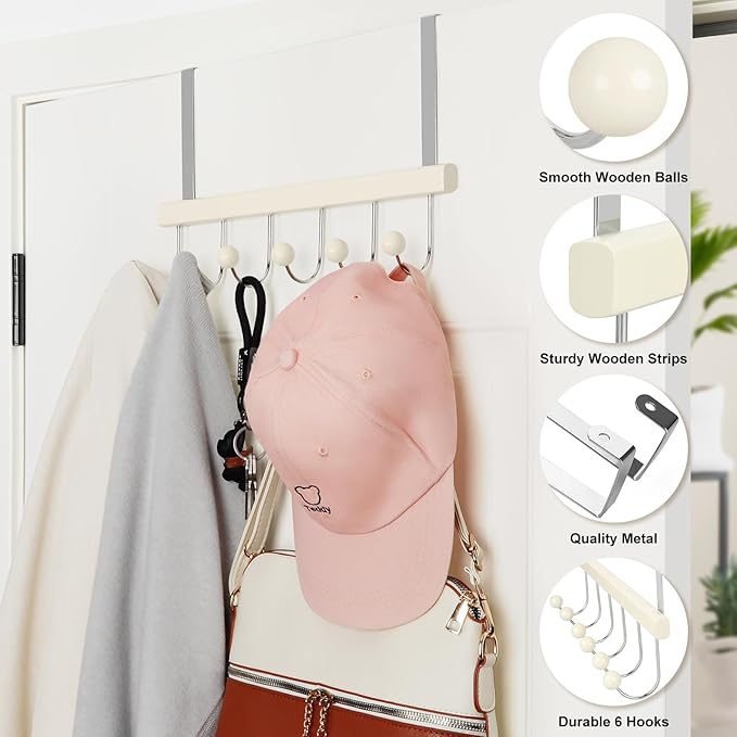 TOPIA HANGER Over The Door Hooks for Hanging, Towel Hooks Towel Racks for Bathroom, Coat Hooks Coat Rack Over The Door Organizer Hanging, Wooden Door Hangers for Coat Towel Hat Purse CT72W - 2 Pack