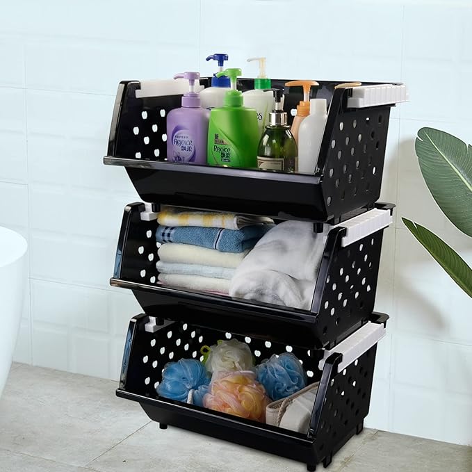 3-Pack Plastic Stackable Organizer Basket, Stacking Storage Basket, Black