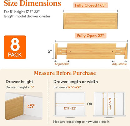 Lifewit 8 Pack 5" Deep Bamboo Drawer Dividers, 17.5-22" Expandable Drawer Organizers for Clothes, Adjustable Dresser Drawer Divider, Clothing Drawer Separators for Dresser, Bedroom, Bathroom, Kitchen