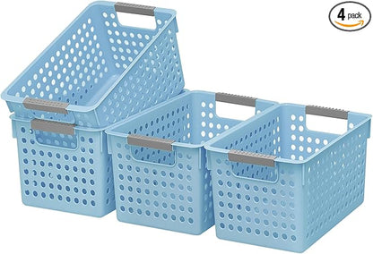 Soddeph 4 Pack Plastic Storage Basket with Handles, Small Deep Organizer Bin with Hollow Design for Under Counter, Shelf, Closet, Kitchen or Bathroom (Blue, Small)