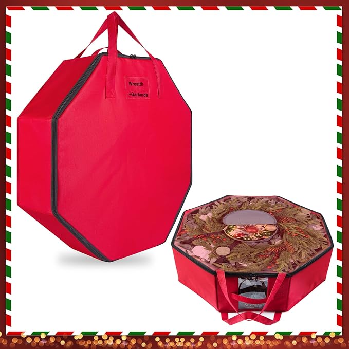 2 Pack Wreath Storage Christmas Garlands Bag with Interior Pockets Large Xmas Container Box for holiday Decorations Case with Dual Zipper and Handles Window Labeling Card Slot 24" Red