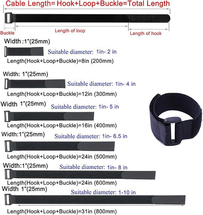 Fastening Hook and Loop Cable Straps,10Pack Black Self-Adhesive Cable Ties,Nylon Securing Straps with Buckles,Adjustable and Reusable Cinch Straps for Cords Organized and Tidy(1" x 12")
