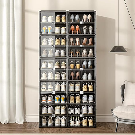 Vipbox Shoe Rack Organizer Cabinet for Closet Entryway,Clear Shoe Storage Boxes Stackable Sneaker Storage with Door Easy Assembly Black Shoe Cabinet with Lids Large 10 Tiers 40 Pairs