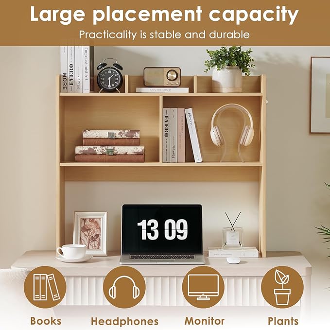 Desktop Bookshelf, Wooden Desk Storage Hutch with 5 Shelves, 3-Tier Desktop Display Organizer Rack for Office Home (Natural, 5 Shelves B)