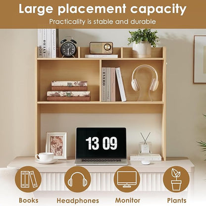 Desktop Bookshelf, Wooden Desk Storage Hutch with 5 Shelves, 3-Tier Desktop Display Organizer Rack for Office Home (Natural, 5 Shelves B)