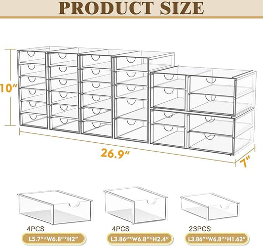 Acrylic Makeup Organizer with 31 Drawers, 6 Pack Clear Storage Drawers, Bathroom Makeup Organizer for Palettes, Cosmetic, and Beauty Supplies,Ideal for Vanity, Cabinet,Desk Organization