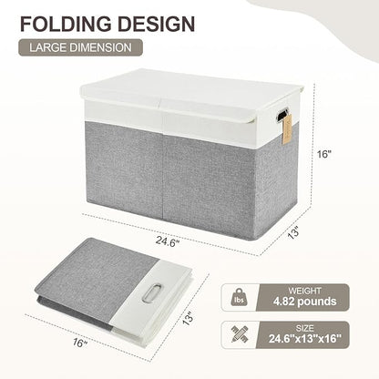 Large Toy Storage Box with Lid, Collapsible Toys Storage Organizer Bins with Dividers and Handles, Storage Chest Bin for Kids, Boys, Girls, Nursery 25"x13" x16" (Gray & White)